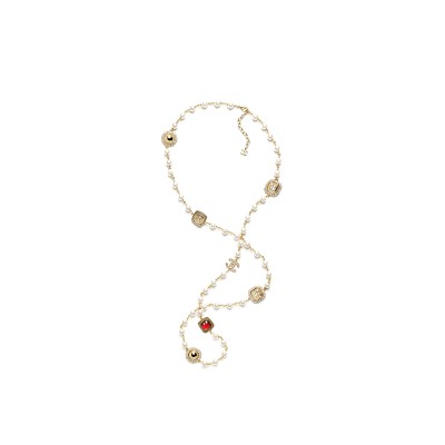 CHANEL LONG NECKLACE METAL, GLASS PEARLS & DIAMANTÉS GOLD, RED, PEARLY WHITE & CRYSTAL ABG681
